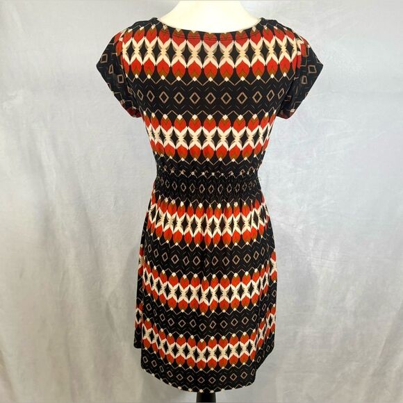 Cristina Love black and burnt orange abstract print smocked dress size medium - Picture 3 of 5